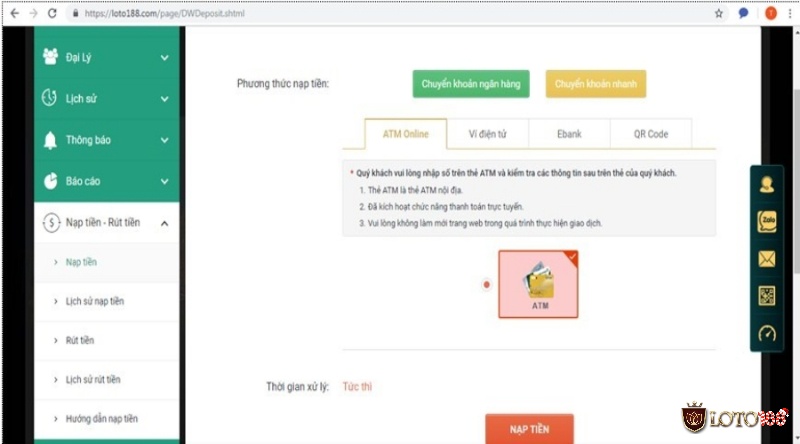 Nạp tiền LOTO188 thông qua việc chuyển khoản nhanh