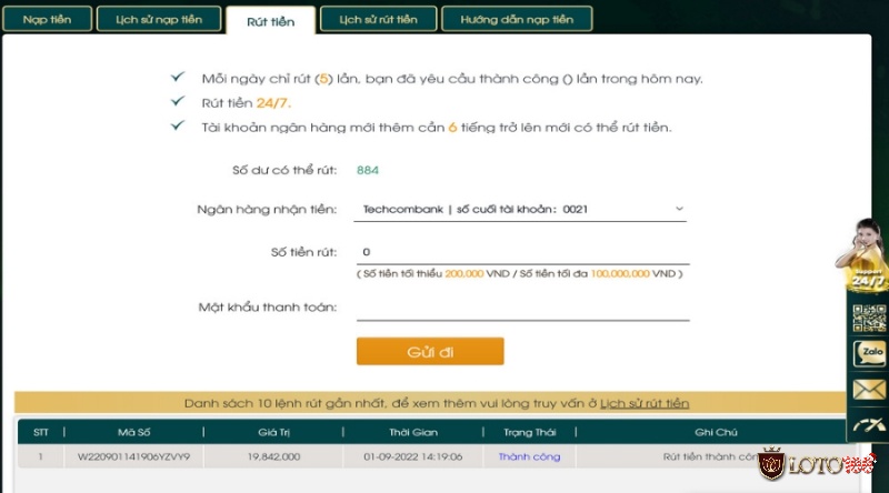 Mỗi ngày chỉ được rút tiền Loto188 5 lần