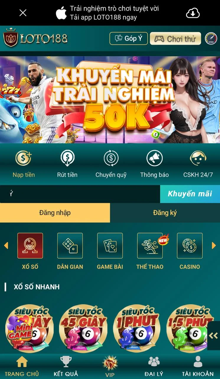 Chọn tải app ở phía trên của trang chủ LOTO188