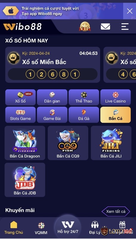 Giao diện app Wibo88 tối giản và đẹp mắt