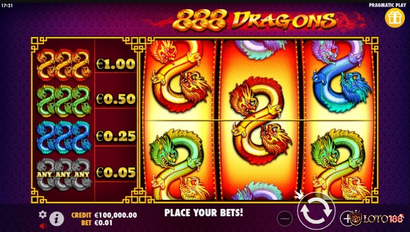 888 Dragons với thiết kế đơn giản gồm 3 cuộn và 3 dòng